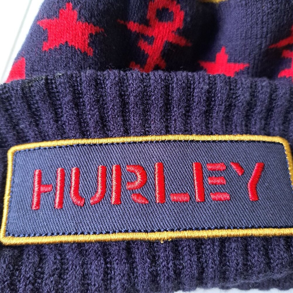 Hurley Navy Blue Knit Pom Beanie Anchor‎ Star Design Acrylic Material Adult OSFM - Picture 2 of 5